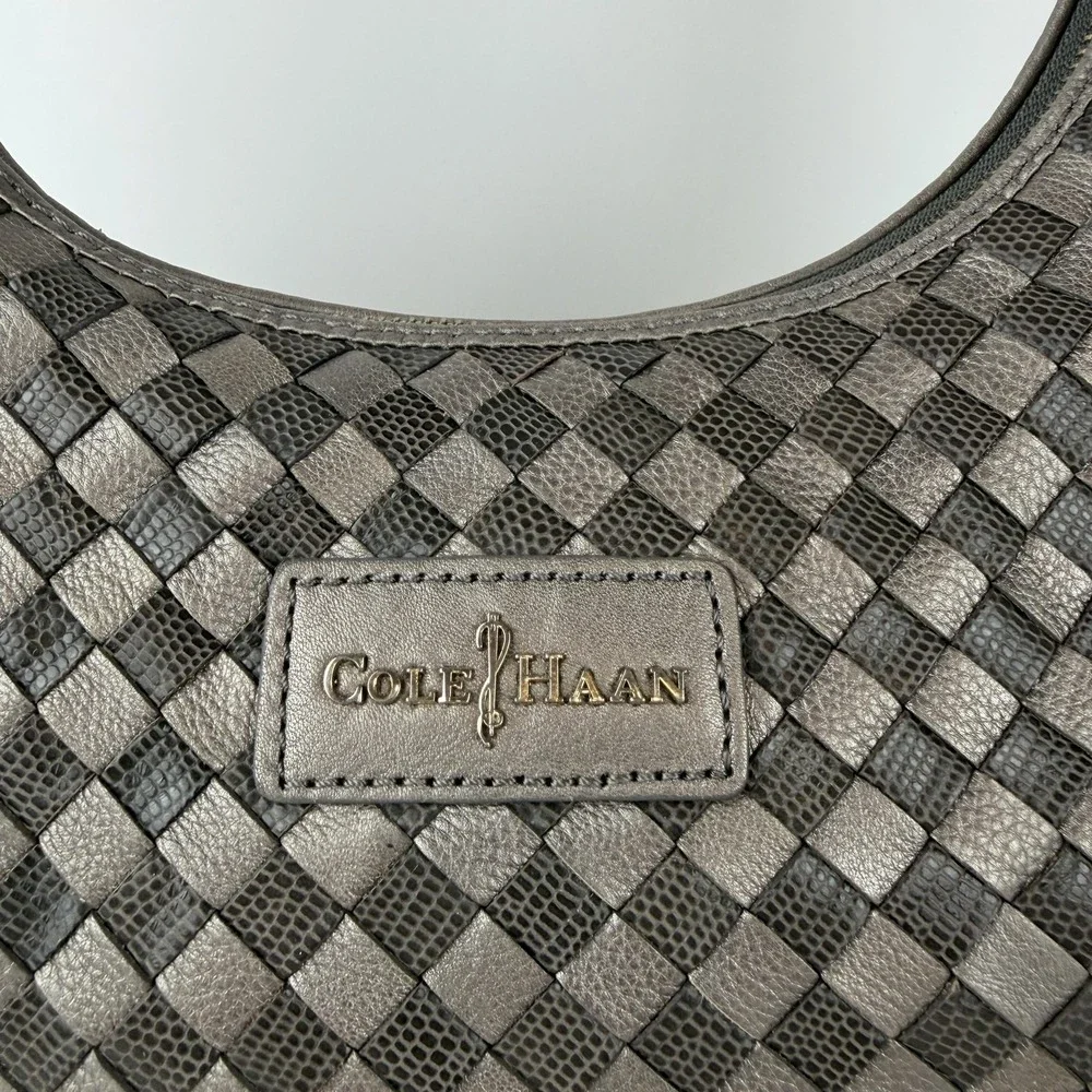Cole Haan Hobo Bag Womens Gray Leather‎ Nora Weave Shoulder Purse Tassel B43416